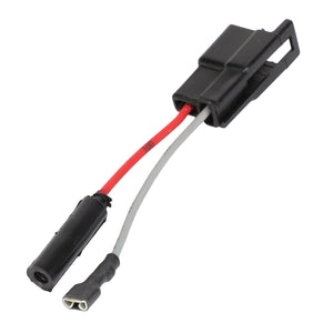 The AGCO wire harness - AG610514 is a black and red cable adapter with a sleek black cylindrical component, a black plastic connector, and two wires: one red and one white.