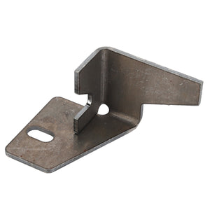 The AGCO | BRACKET - D28787500 by AGCO is a sturdy metal bracket with an angled design, featuring one elongated hole and a smaller circular hole for versatile mounting options.