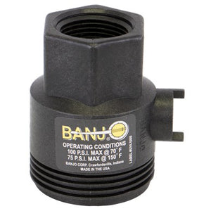 Image of a black cylindrical valve with threadings and a label indicating operating conditions and manufacturer details. The label mentions 100 PSI Max @ 70°F and 75 PSI Max @ 150°F by AGCO for the Valve Body - Ag050525.