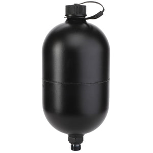 The AGCO Diaphragm Accumulator, model 4389335M1, is a black, cylindrical hydraulic accumulator tank featuring a safety cap on top and a threaded connection at the bottom. It is compatible with Massey Ferguson models.