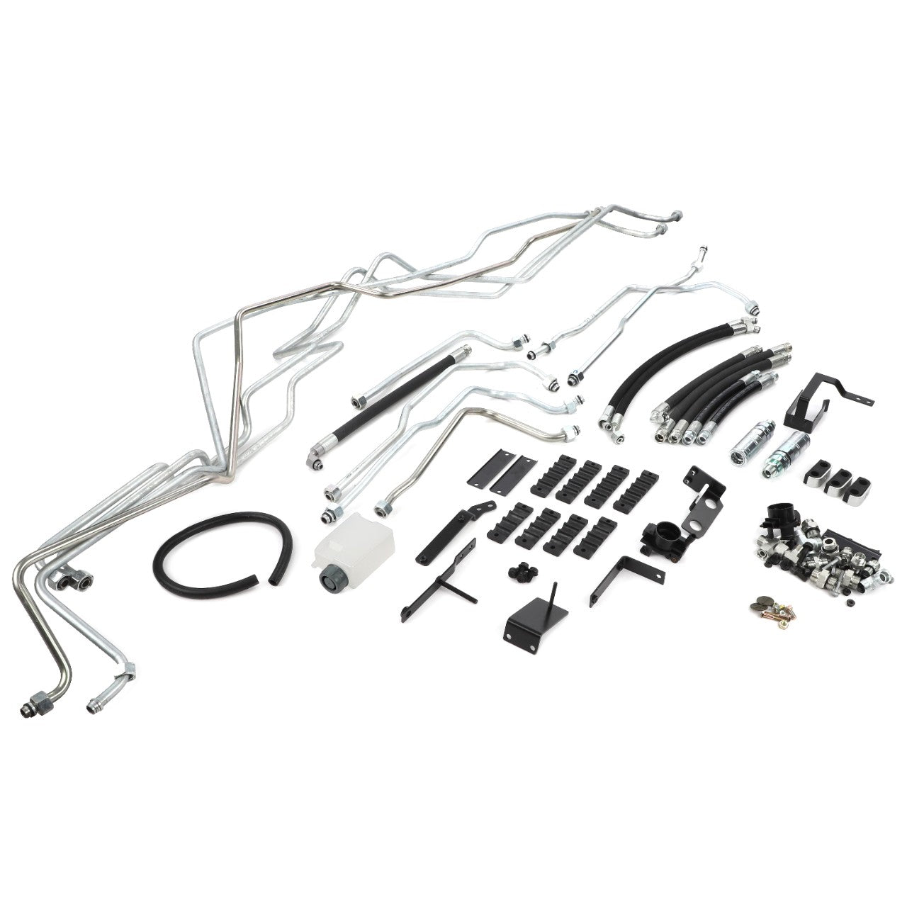 The AGCO Hydraulic Kit - Acp0633630 features an assortment of metal tubes, rubber hoses, connectors, and brackets arranged neatly on a white background.