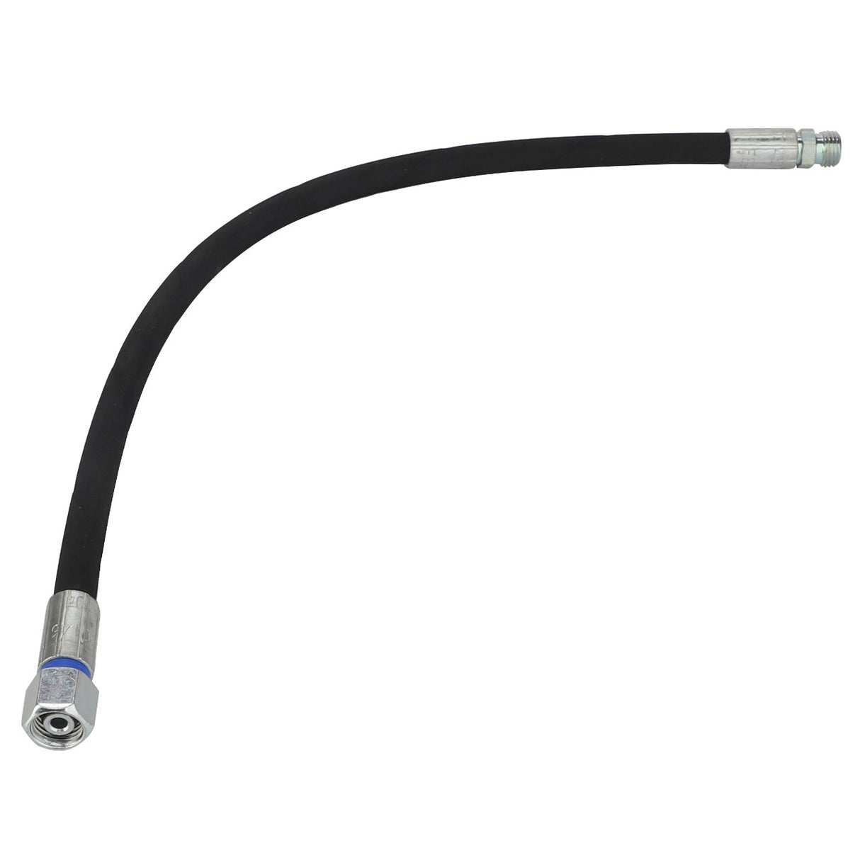 The AGCO | HYDRAULIC HOSE - D45130146, a black flexible hose featuring metal fittings on both ends, offers a dependable solution for pneumatic or hydraulic connections when detailed descriptions are unavailable.