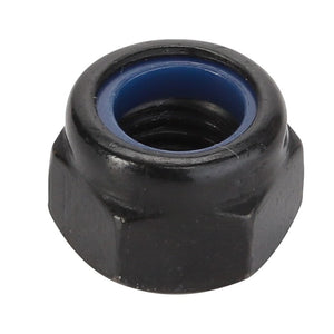 Close-up of the AGCO Hex Top Lock Nut - Acw1525940, a black nut featuring a blue nylon insert.