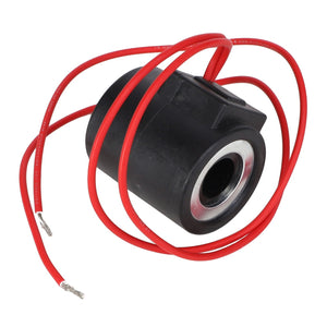 The AGCO | COIL - AG712154 is a cylindrical electromagnetic coil featuring a black casing and red wires protruding from both ends. The unconnected wires have exposed ends, making it ideal for various customization needs.