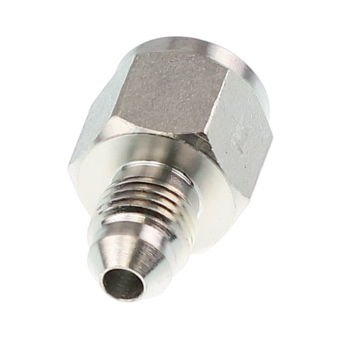 Close-up of the AGCO ADAPTER FITTING - AG562652, a metallic hexagonal male fitting with a threaded end, typically used for connecting pipes or hoses in plumbing or mechanical systems. No current product description information is available at this time.