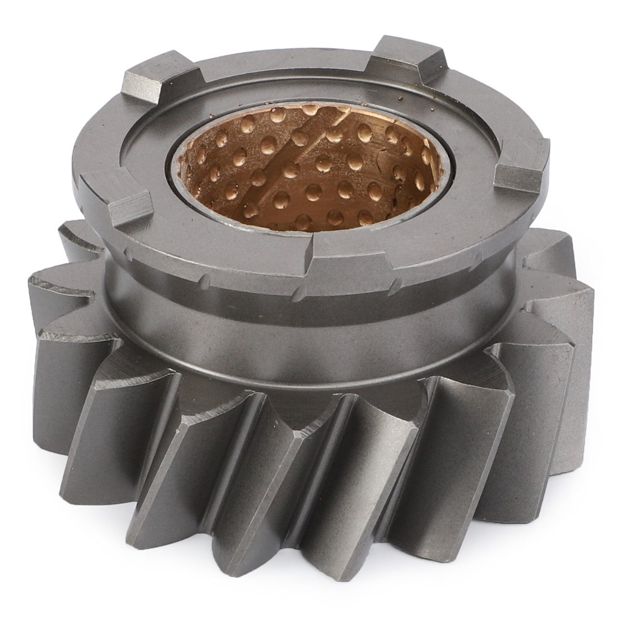 Introducing the AGCO Gear - 3612570M94, an industrial metal gear assembly featuring helical teeth and a bronze bushing in the center, specifically designed for Massey Ferguson models. Experience the reliability of AGCO Parts Genuine Gears.