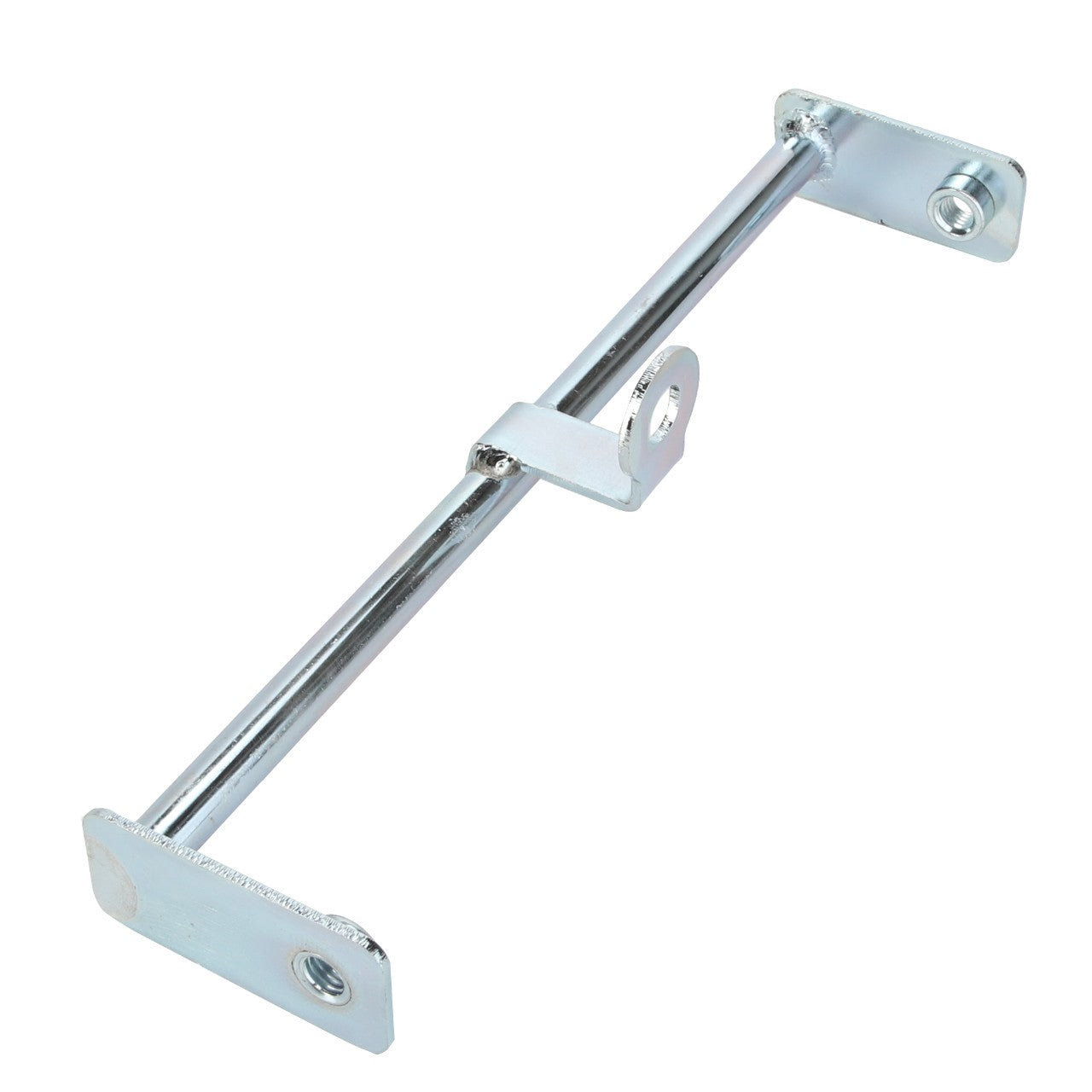 The AGCO Bracket - Acw2141500, offered by AGCO, is a metal bar that includes a central mounting bracket and two flat end plates, with each plate featuring a single bolt hole.