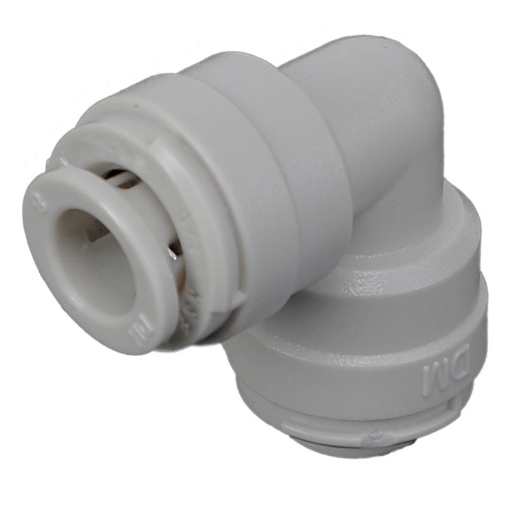 The AGCO UNION FITTING - AG516229 is a white plastic elbow connector featuring push-fit ends, designed specifically for joining pipes or tubing at a 90-degree angle.