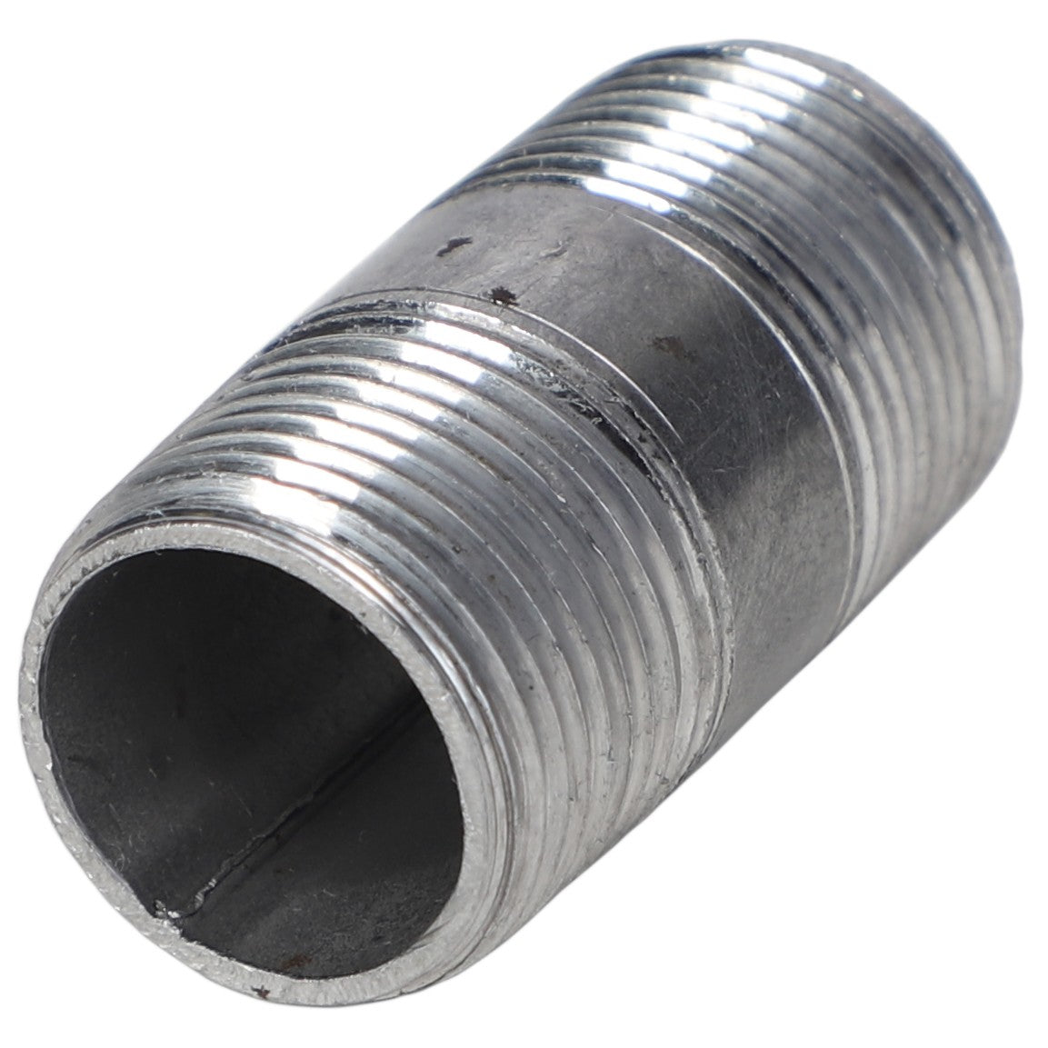 The AGCO PIPE NIPPLE - AG559385, a metal pipe fitting with threaded ends, lies horizontally on a white background.