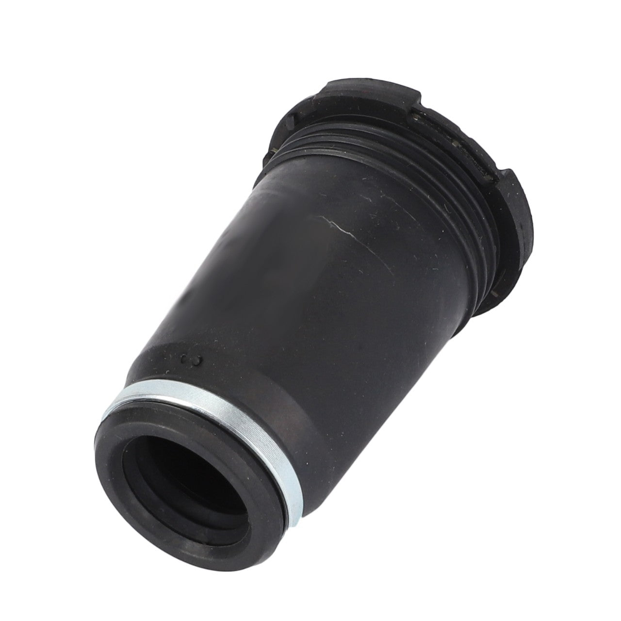 The AGCO Sleeve - Acp0279210 is a black cylindrical mechanical part with a threaded end and a silver ring near its base, known for its high durability, isolated on a white background.