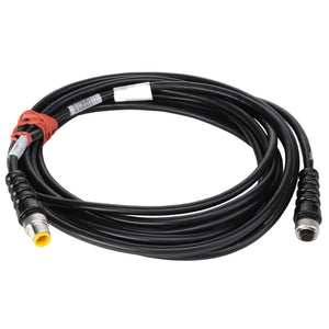 The AGCO Cable - Acw1390890 is a coiled black cable featuring metal connectors at both ends—one with a yellow tip and the other with a series of prongs. It also includes a red tie that secures part of the cable. Currently, detailed product description information is not available.