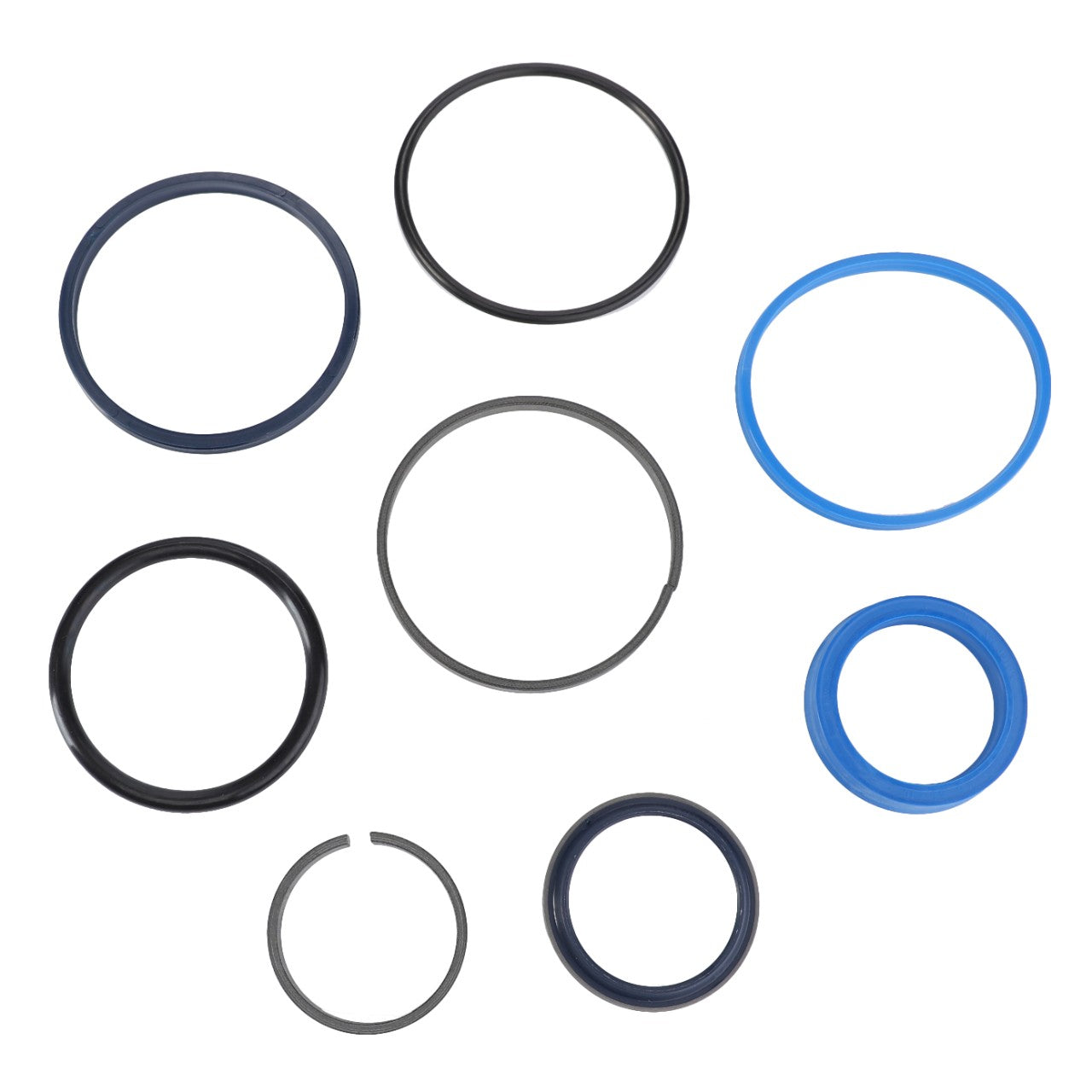 A collection of variously sized black and blue O-rings arranged on a white background from the AGCO | SEALS KIT - AL5033705 by AGCO.