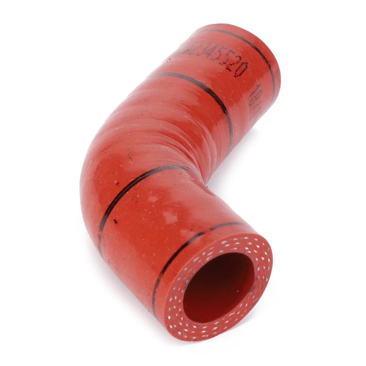 The AGCO Oil Hose, For Turbo - Acw2345520 is a red, elbow-shaped rubber hose with black markings, designed from high-quality materials for the engine air system.