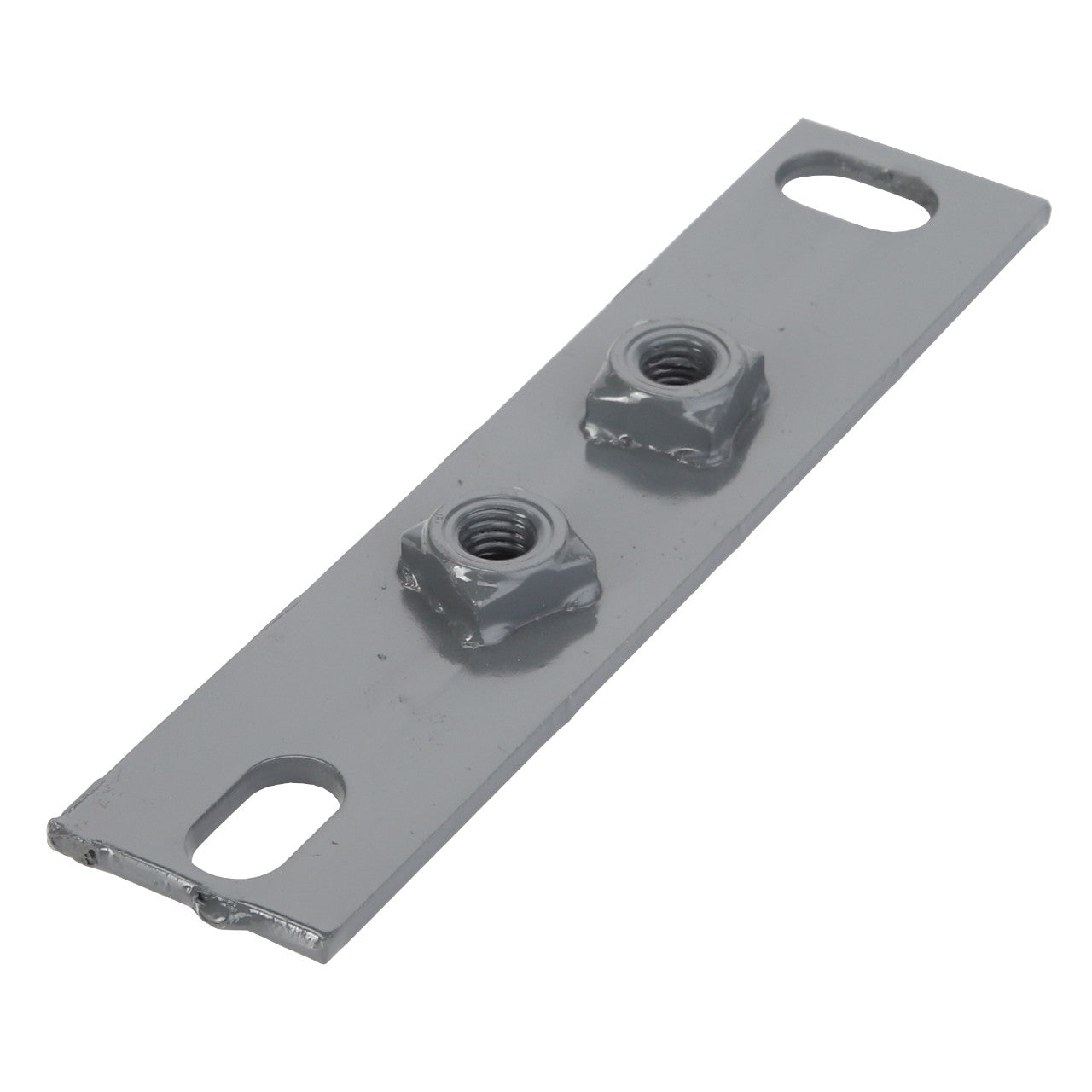 The AGCO | BRACKET - D28788338 is a rectangular metal plate featuring two welded nuts and two elongated holes at each end. The gray plate lies flat against a white background, showcasing its sleek design and emphasizing precision engineering.