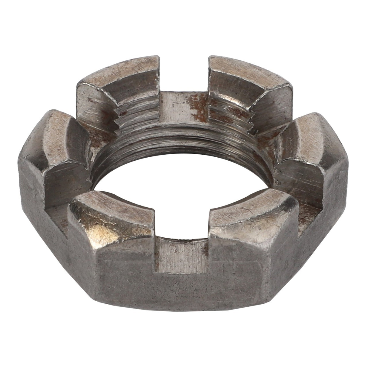 The AGCO | NUT - AG334327 is a durable metal castle nut with six notches around its circumference, commonly used in mechanical applications for secure and reliable fastening.