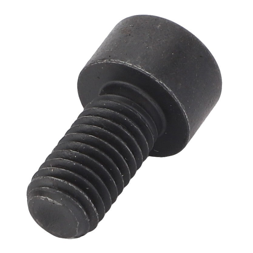 Close-up of a sleek, black, cylindrical metal AGCO | SOCKET HEAD BOLT - 0902-10-21-00 with a rounded head and threaded body.