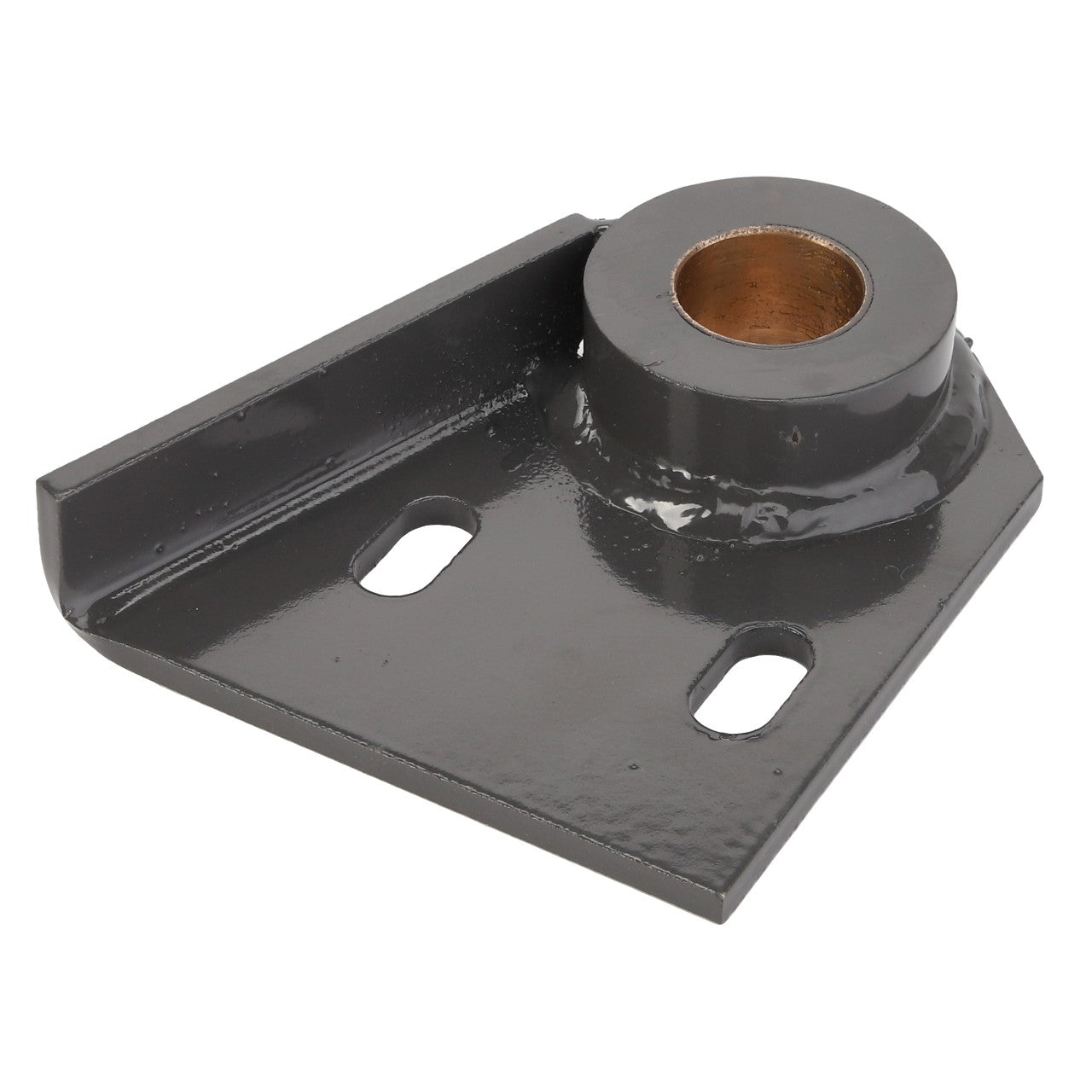 The AGCO BRACKET - D28480203 is a metal bracket with a circular opening and two elongated mounting holes, designed for structural support or mounting applications. There is no current product description information regarding its load capacity. It is painted in dark grey.