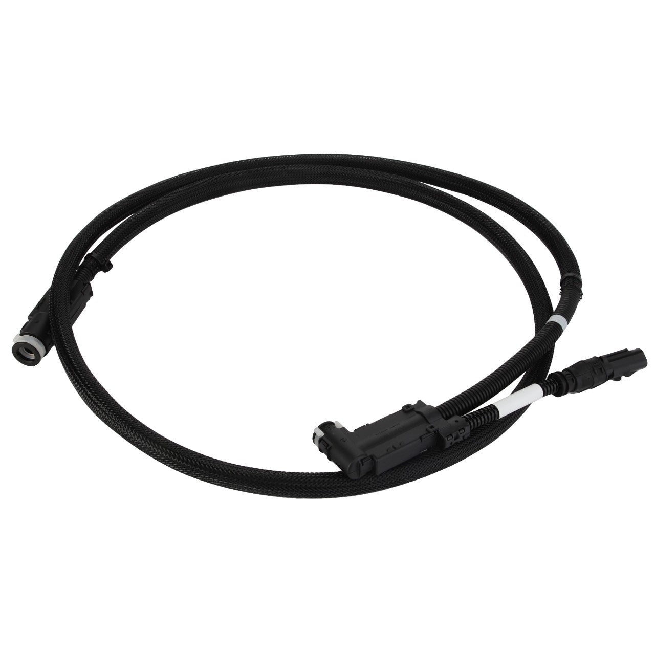 The AGCO Fuel Hose - Acw2822680 is a coiled black cable with connectors at each end, ideal for versatile electronic or automotive applications.