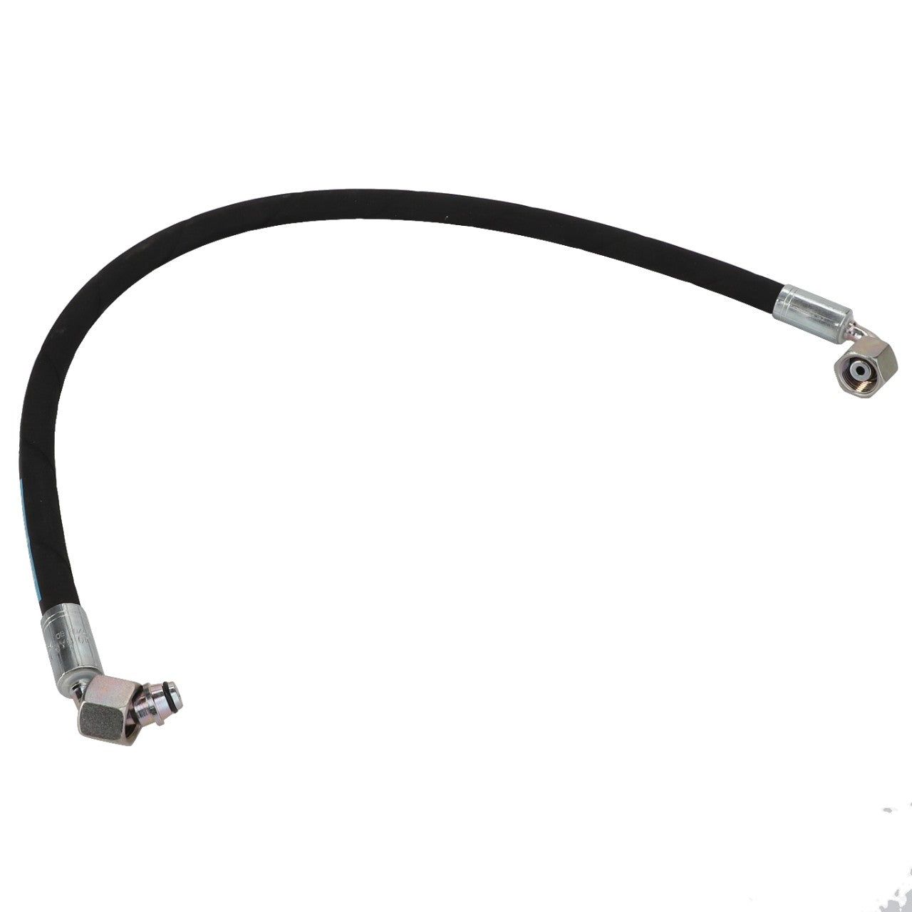 Image of the AGCO Hydraulic Hose - Fel152533, a versatile black hose with metal fittings on both ends, featuring an angled connector on one side and a straight connector on the other.