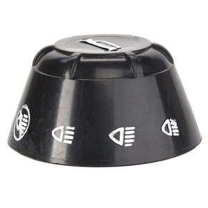 A sleek black plastic control knob by AGCO, model Acp0197810, featuring clear white markings and a metallic slot on top.