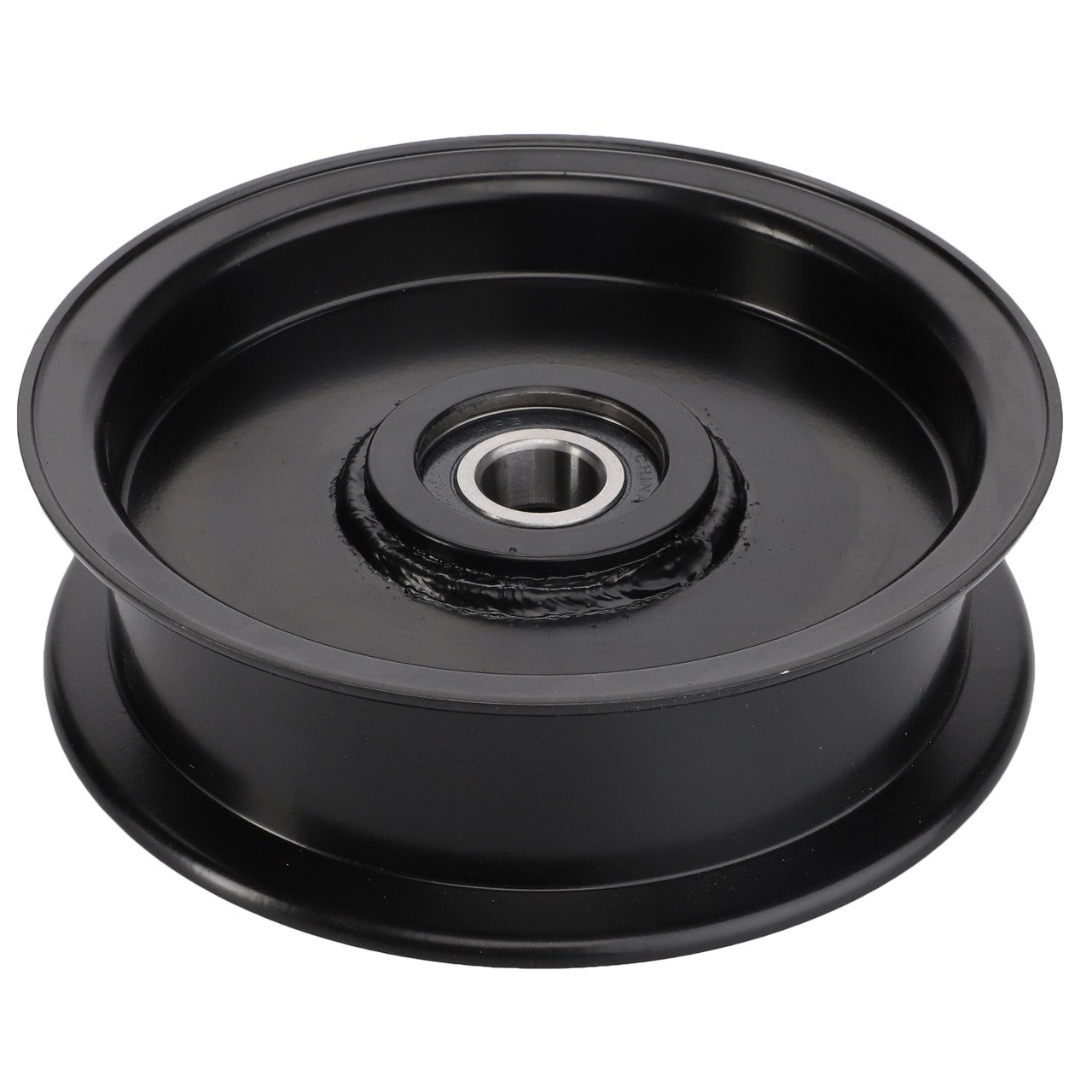 The AGCO TENSIONER PULLEY - ACY1560460 is a black metal pulley wheel with a central bearing, depicted against a white background.