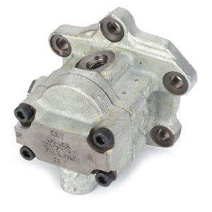 The AGCO Fuel Pump - 4227404M91 is a metal mechanical part with mounting holes, a central threaded hole, and multiple connection points, typically used in industrial equipment from brands like Valtra or Massey Ferguson.