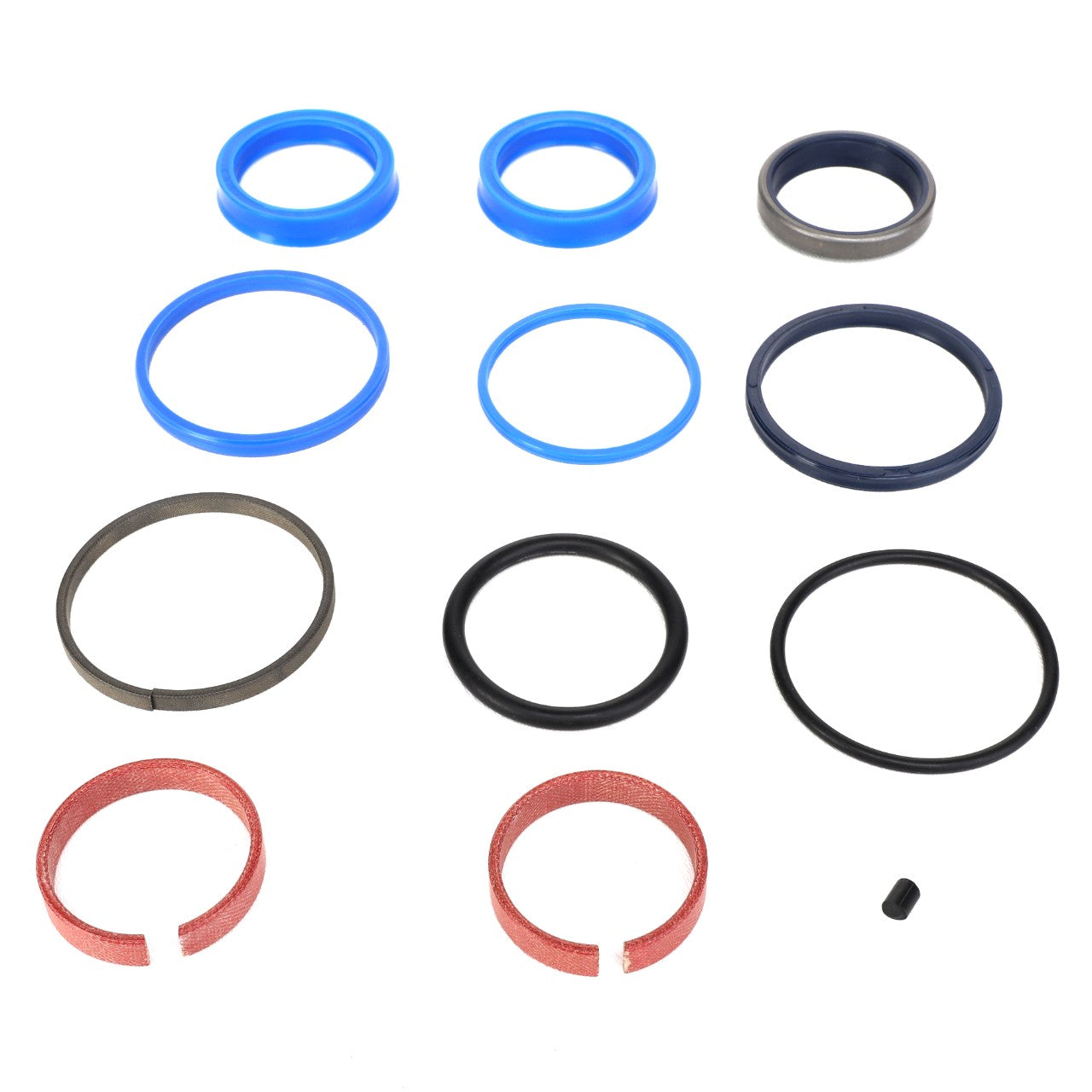 The AGCO | SEALS KIT - AL5033711 features an array of sealing rings and washers in blue, black, and brown, all meticulously organized in rows on a pristine white background. Note that there is no current product description information available for this item.