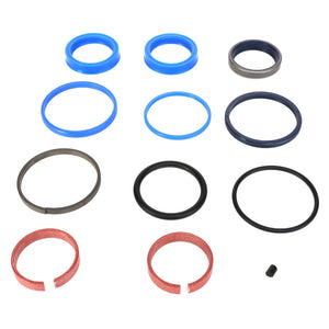 The AGCO | SEALS KIT - AL5033711 features an array of sealing rings and washers in blue, black, and brown, all meticulously organized in rows on a pristine white background. Note that there is no current product description information available for this item.