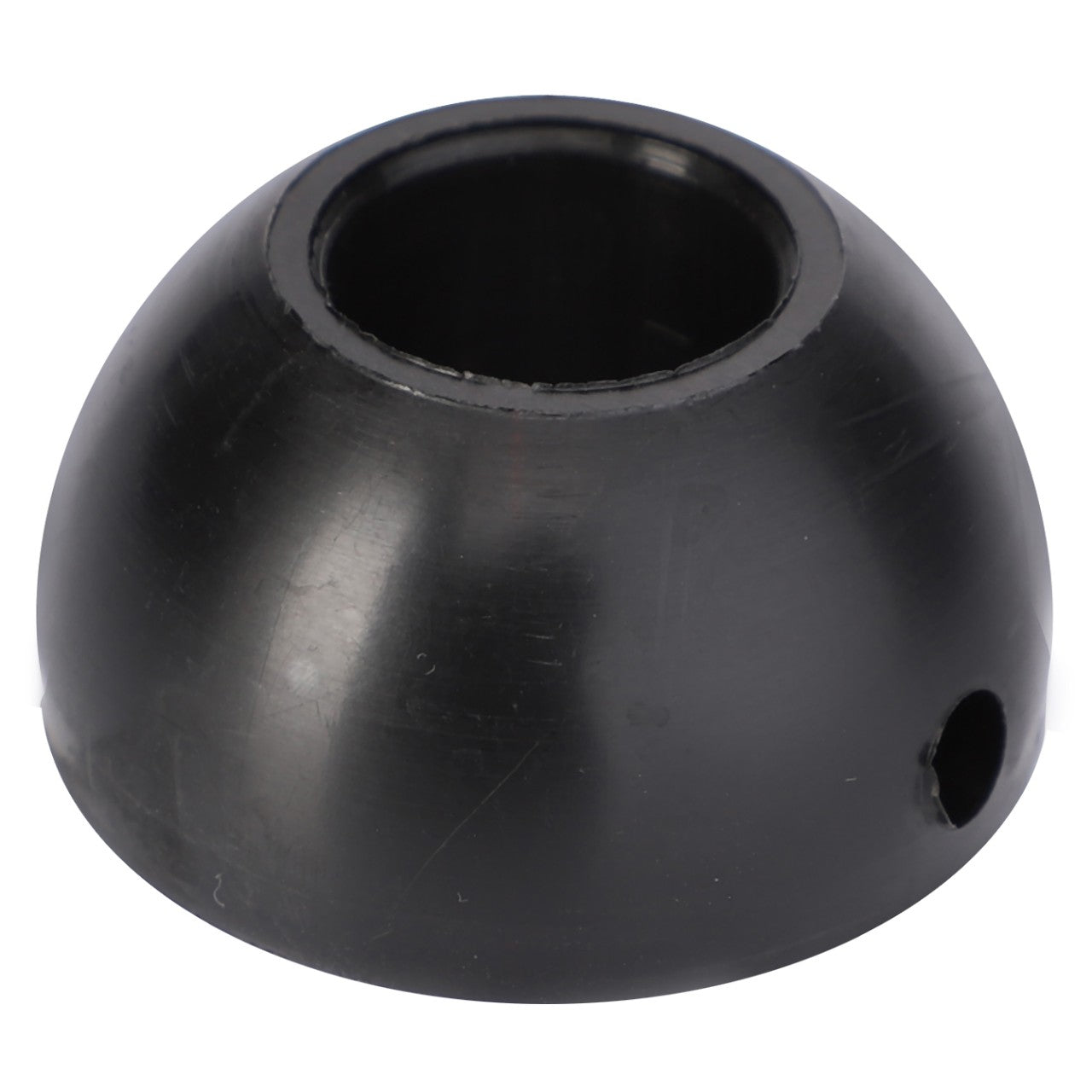 A black, dome-shaped plastic object with a cylindrical hollow center and a small hole on its side can be identified as the **AGCO | JOINT BALL - V30930400** by AGCO.