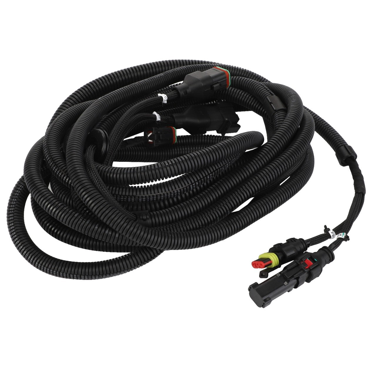 Here is an image of the AGCO | Harness - Acw0720170, a coiled black automotive wiring harness featuring several connectors and a durable protective sleeve.