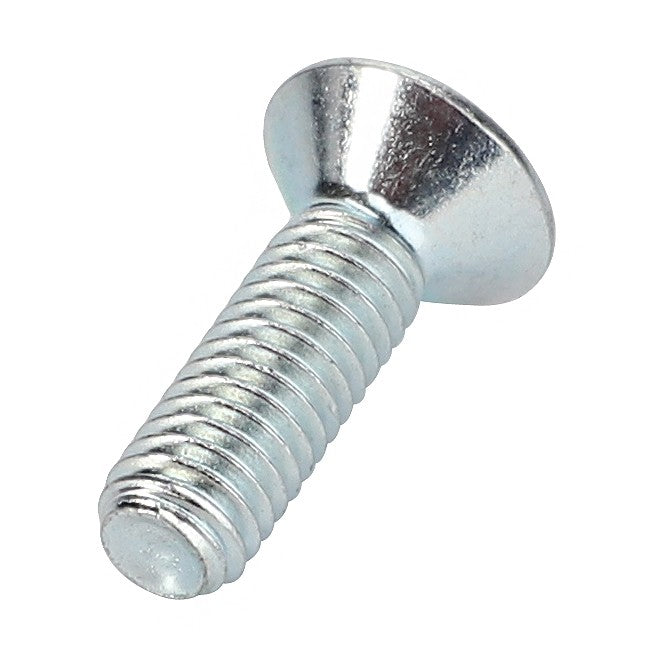 A close-up of the AGCO COUNTERSUNK CAPSCREW - 0902-60-34-00, a metallic screw with a flat, conical head and threaded body, commonly used for fastening purposes.