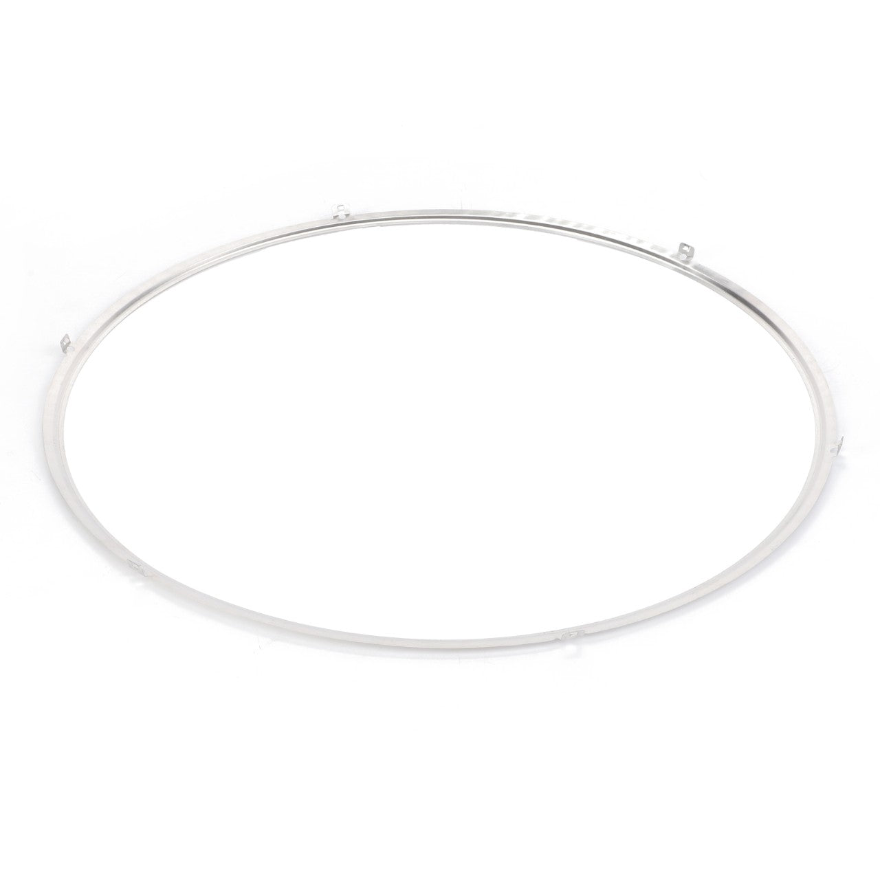 The AGCO Gasket, For Dpf - F842201110020 is a clear, round, thin metal ring with small tabs evenly spaced around its edge, perfect for handling high exhaust gas temperatures in systems like the Fendt Vario S4.