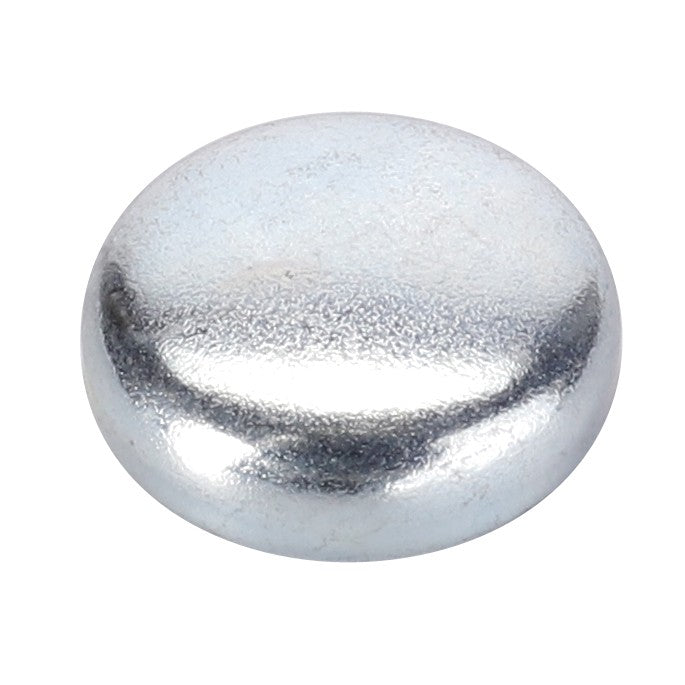 A metallic, circular, and slightly domed object resembling a solid, polished silver button or token from an AGCO Massey Ferguson tractor is shown against a plain white background. The product is identified as the AGCO Cup Plug - V640016016.