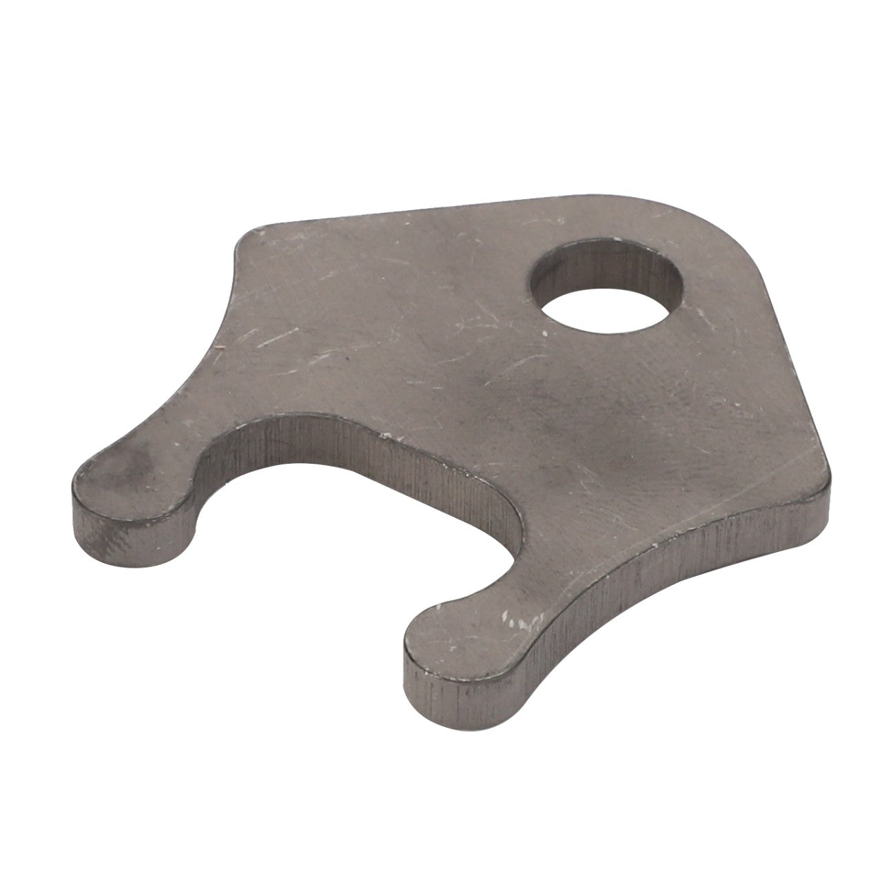 AGCO | Thrust Washer - F119200210990: Small metal bracket featuring a circular hole near the top and a U-shaped cutout at the bottom. No current product description available for this product.