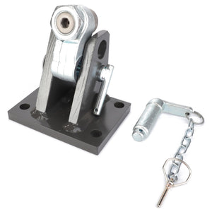 The AGCO | CONTROL LOCK - F835500165070 by AGCO is a metal hinge mechanism featuring a mounting base and a detachable pin connected by a chain. Currently, no additional product description information is available.