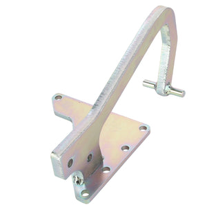 The AGCO Hinge - Acx2072210 by AGCO is a metal bracket with a rectangular base featuring multiple holes and a curved arm extending upward, ending in a sleek cylindrical peg.