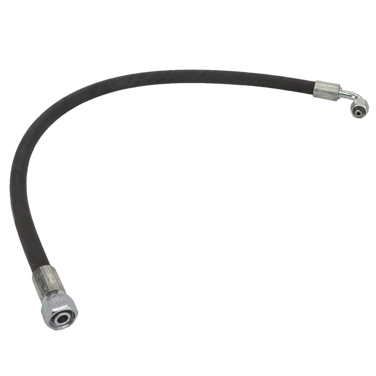 The AGCO Hydraulic Hose - Acw2120900 is a flexible black rubber hose featuring metal connectors on both ends, with one connector being straight and the other angled. No additional product description information is available at this time.