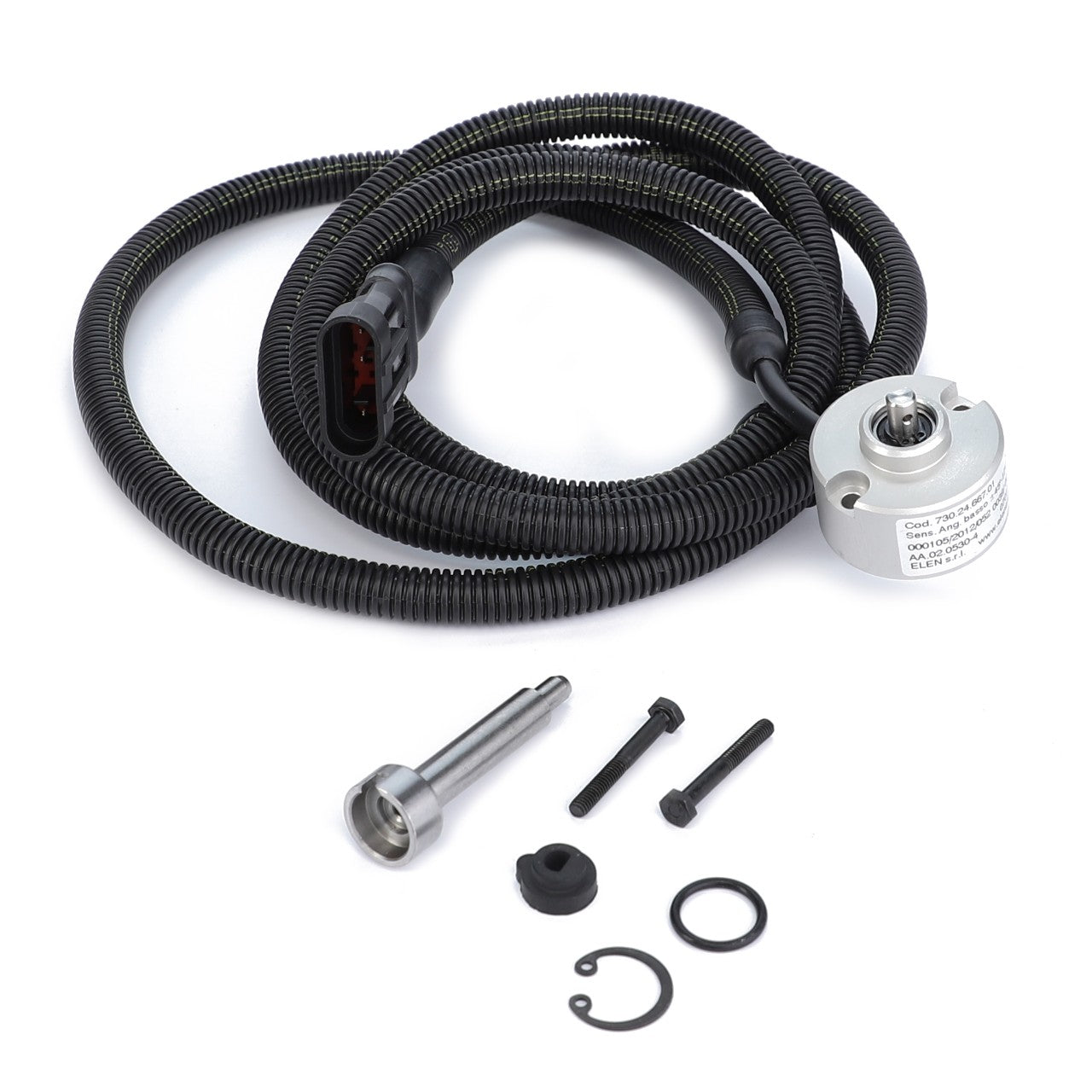 The AGCO | Steering Sensor - Acw1096850 kit includes a replacement vehicle speed sensor with a coiled cable, connector, and mounting hardware such as screws, rings, and washers. Enjoy high accuracy and long service life for your vehicle’s performance with this premium AGCO product.