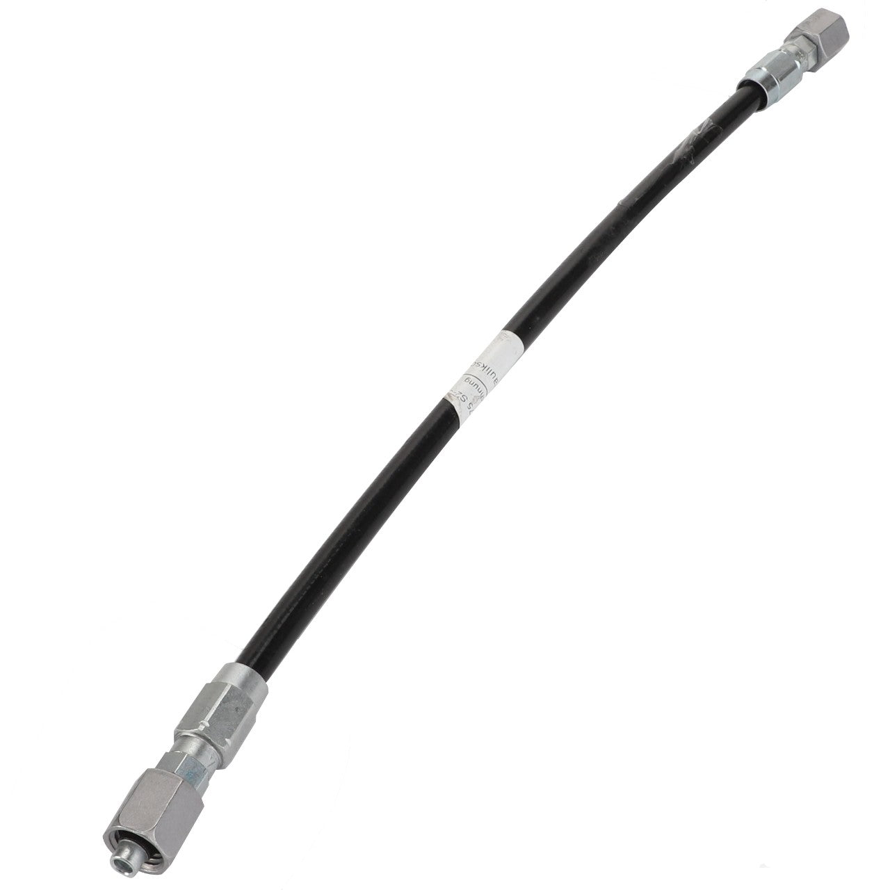 A durable black hydraulic hose with sturdy metal fittings on both ends, designed for optimal fluid transfer and reliability, featuring the AGCO brand and WARNING DECAL - ACP0535270.