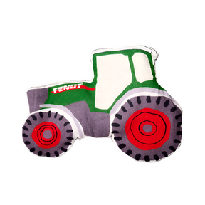 A small polyester-filled fabric toy in the shape of a crackling green and white tractor with red and black wheels, showcased on a plain background, is represented by the Fendt Baby play blanket by AGCO (X991023158000).