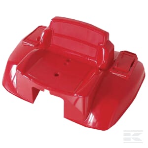 The "Mudguard red junior - 00100005822" from Rolly Toys is a red plastic lawn tractor seat pan with a high backrest and cutout for mounting. For ease of reference, each unit comes labeled with its unique part number and EAN.