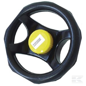 The black Rolly Toys steering wheel with three spokes and a yellow center hub, includes a sticker with the number "23032208" and is identified by the part number 21201500080.