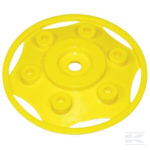 The "Hub cap yellow D=120 - 28600002212" by Rolly Toys is a circular plastic component featuring a central hole, multiple surrounding nodules, a raised outer rim, and has a working diameter of 120 mm.