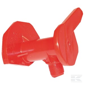 The Rolly Toys Tap for Rolly Tankers - 37512100020 features a red plastic handle and valve, with a threaded end designed for controlling the flow of liquid in compatible systems.