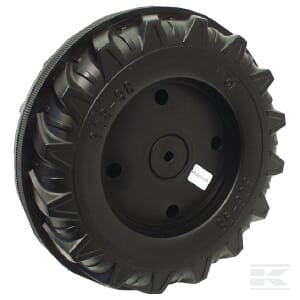 The Rolly Toys Impeller 308x98-10L (1 piece) - X67000500080 is a black, solid rubber tire featuring deep treads, multiple holes in its hub, and an outside diameter of 308 mm.