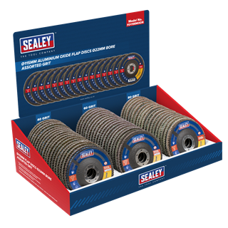 Sealey | Assorted Grit Flap Discs Aluminium Oxide 115mm 22mm Bore - Display Box of 60 - FD115EMIXDB