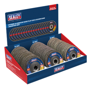 Sealey | Assorted Grit Flap Discs Aluminium Oxide 115mm 22mm Bore - Display Box of 60 - FD115EMIXDB