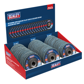 Sealey | Assorted Grit Flap Discs Zirconium Ø115mm Ø22mm Bore - Display Box of 60 - FD115MIXDB