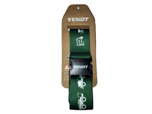 A green luggage strap featuring white tractor icons and labeled "Leader drive Fendt" from the AGCO brand is displayed on a cardboard backing. The adjustable design ensures a perfect fit.