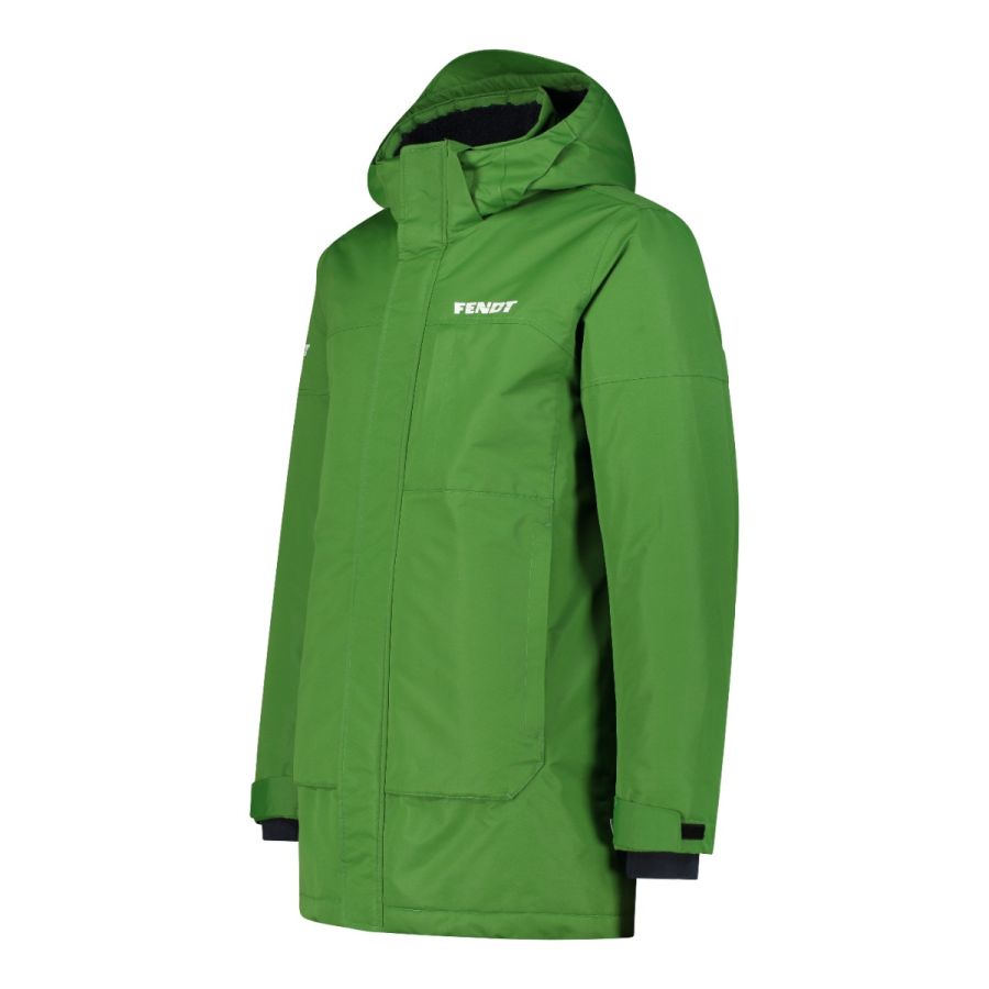 The AGCO Fendt Parka - Leaders Drive Fendt - X99102314C is a green hooded jacket with "Fendt" printed on the chest, featuring front pockets, adjustable cuffs, and a waterproof finish.